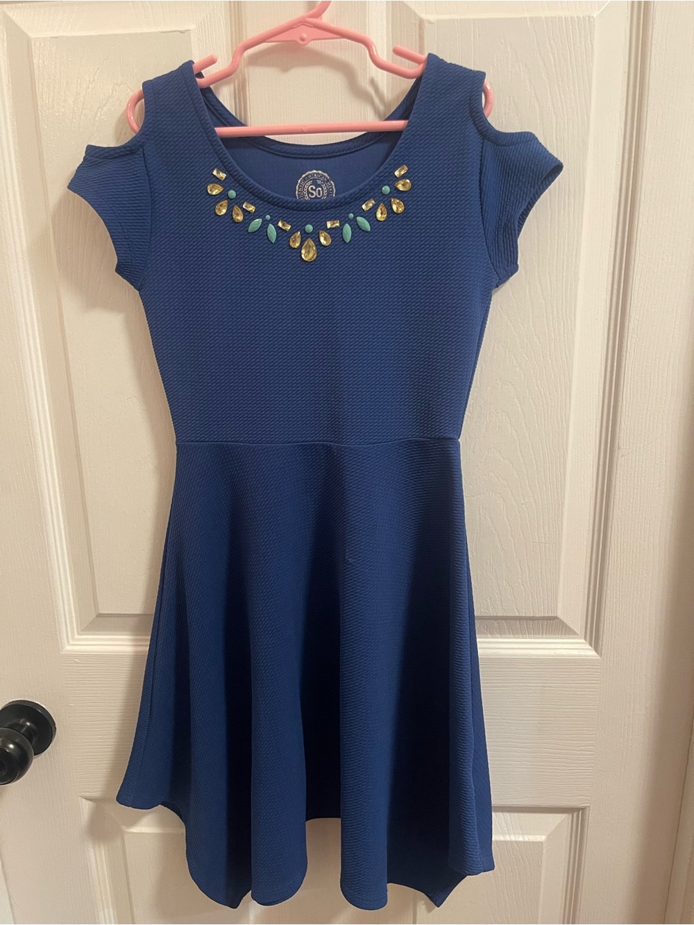 SO Blue Cold-Shoulder Fit & Flare Dress with Jewel Detail